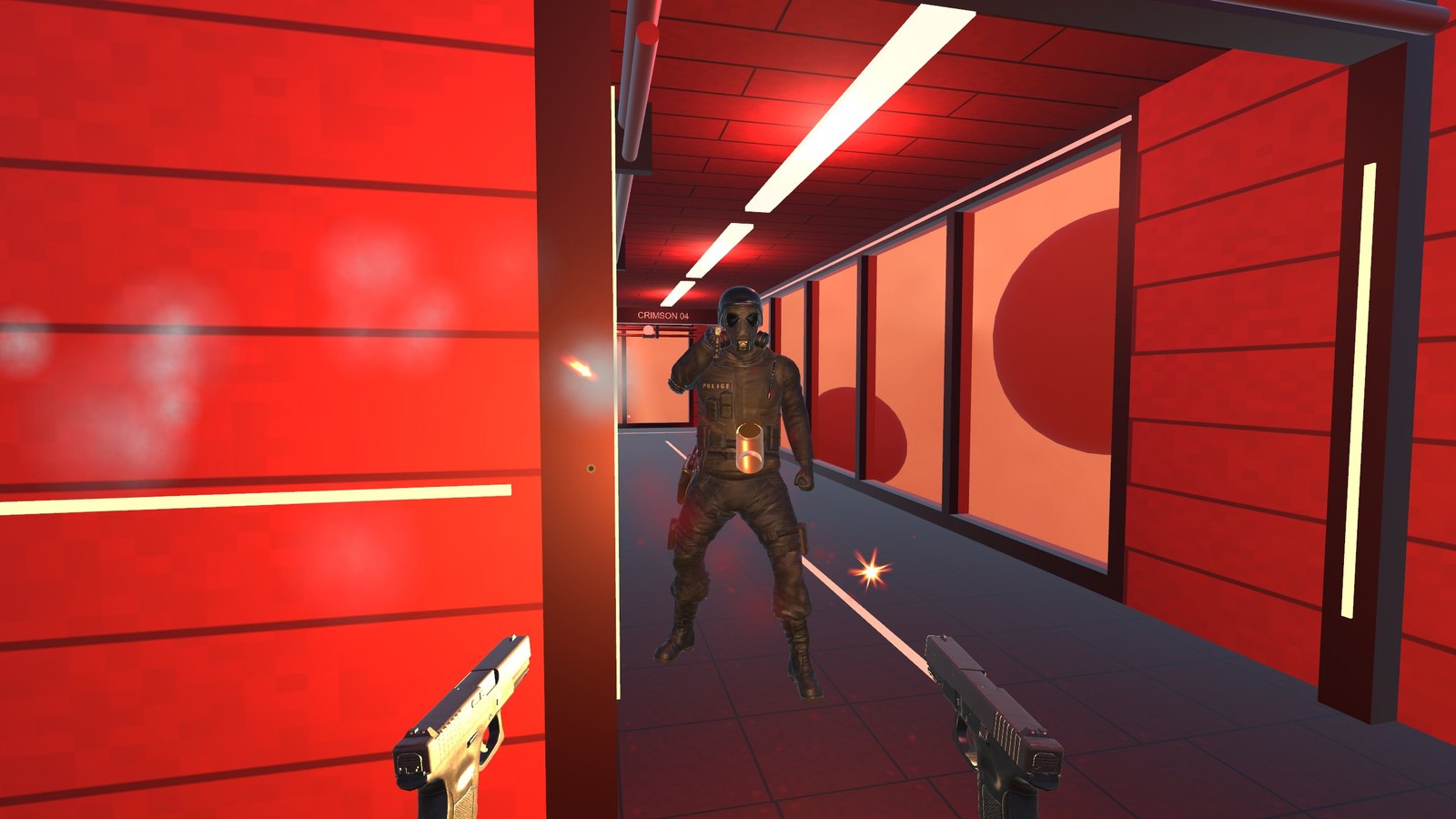 Two pistols up as the SWAT team comes down a glass corridor
